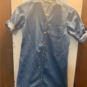 Chambray Button-Front Kids Casual Dress - Blue